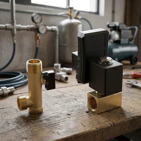 Auto Drain Valve For Air Compressor Condensate Management Electronic Timer Control Adjustable Discharge System on a workbench.
