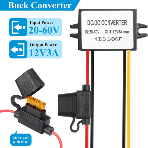Beefy 17 To 60V DC Buck Converter Down To 12V 3A 36W IP67 Waterproof Power Module, black wires and connectors visible