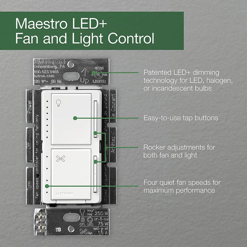 Maestro Fan Control And Light Dimmer For Dimmable LEDs Incandescent And Halogen Bulbs Single Pole White 2-Pack with features