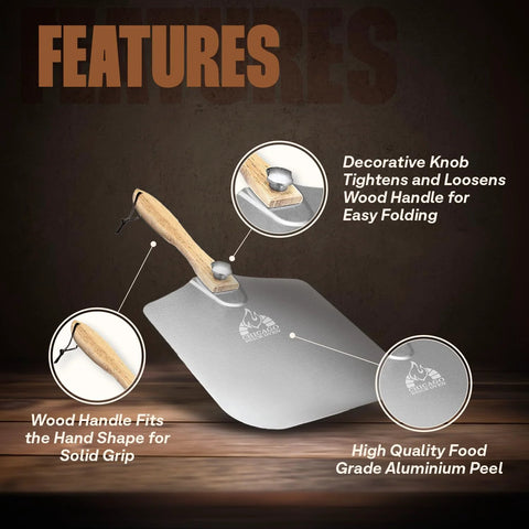 Chicago Brick Oven aluminum pizza peel, angled view, foldable wooden handle, 12 x 14 inches.