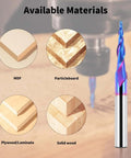 Front view: EANOSIC tapered ball-nose end mill, 1/4 in shank, 1/16 in tip, carbide router bit beside wood samples
