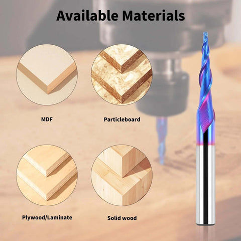 Front view: EANOSIC tapered ball-nose end mill, 1/4 in shank, 1/16 in tip, carbide router bit beside wood samples