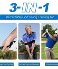 3-in-1 Retractable Golf Swing Trainer with Arm Band for Right or Left-Handed Players, showing correct grip and practice use