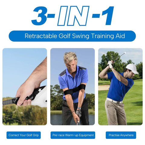 3-in-1 Retractable Golf Swing Trainer with Arm Band for Right or Left-Handed Players, showing correct grip and practice use