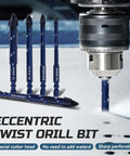 Front view: SONCHIE eight blue serrated masonry drill bits (1/4–9/16 in) arranged upright with one in a drill chuck.