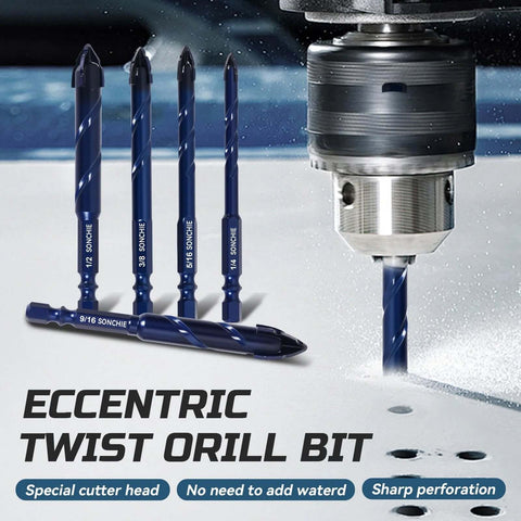 Front view: SONCHIE eight blue serrated masonry drill bits (1/4–9/16 in) arranged upright with one in a drill chuck.