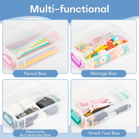 Multi-functional uses of Big Ol Extra Large Clear Pencil Box for crayons, craft supplies, electronics, and tools