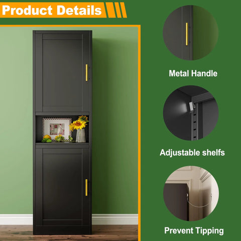Tall Narrow Black Metal Storage Cabinet With Four Adjustable Shelves A True Space Saving Workhorse For Kitchen Office Living Room And Dining Room 66 Inch Tall Pantry Cabinet Built From Cold Rolled Steel With Scratch Resistant Powder Coat, showing metal handle and prevent tipping feature.