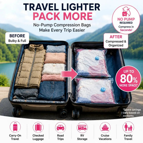 Two Large and Two Jumbo No-Pump Compression Bags for Clothes and Blankets, Vacuum-Free Storage Solution for Travel, RV, and Closet