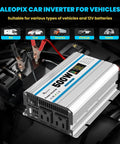 Heavy Duty Car Power Inverter 500W Converts 12V DC To 120V AC With Dual Wall Sockets And Quick Charge USB Ports For Your Daily Whip Weekend Cruises, mounted on a vehicle battery.