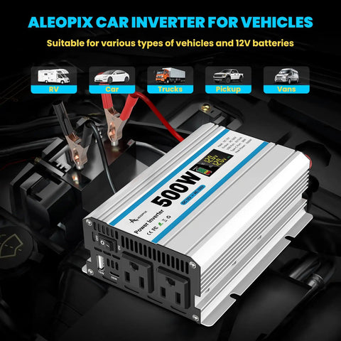 Heavy Duty Car Power Inverter 500W Converts 12V DC To 120V AC With Dual Wall Sockets And Quick Charge USB Ports For Your Daily Whip Weekend Cruises, mounted on a vehicle battery.