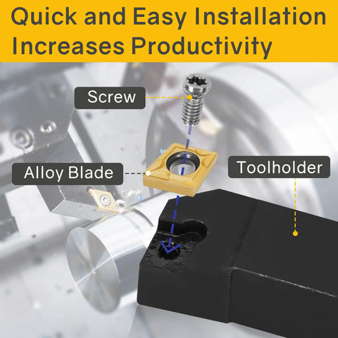 Lathe turning tool kit with yellow carbide insert holder, screw, and black tool holder on a metal lathe setup