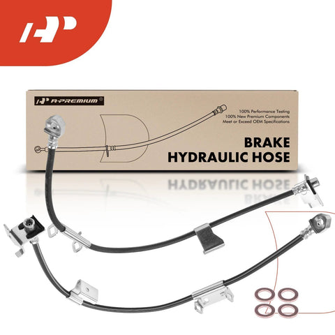 A-Premium front brake hydraulic hose set (pack of 2) with metal fittings and copper washers, shown with its packaging box.