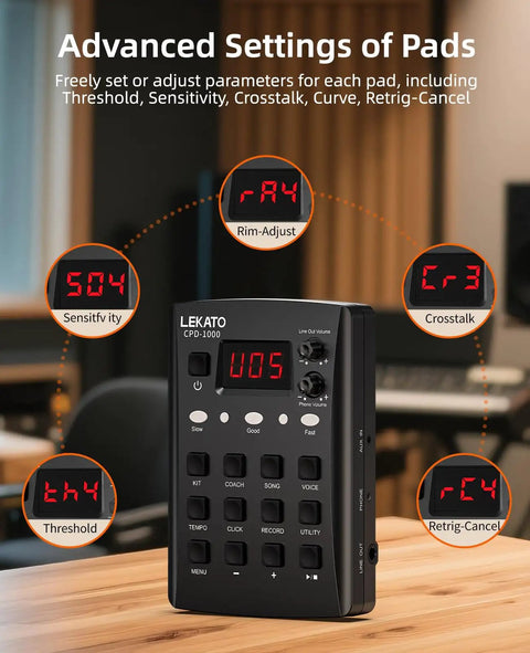 Quiet Dual Layer Mesh Snare Electronic Drum Set control panel with advanced pad settings for sensitivity, crosstalk, and retrig-cancel.