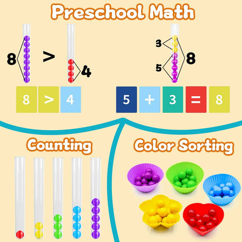 Kickstart Early Math Skills With This Awesome Color Sorting And Counting Toy Set For Toddlers showing colorful counting tubes and sorting bowls.