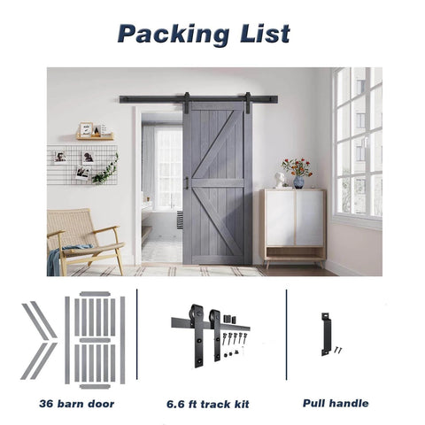Gray Wood Barn Door Slab 36 Inch By 84 Inch With 6.6 Ft Barn Door Hardware Track Kit Included installed in a modern room.