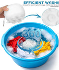 Portable USB Powered Mini Washing Machine For Travel And RV Adventures in action washing clothing in a blue basin with bubbles.