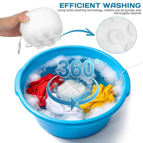 This Slick Mini Turbine Washing Machine Is Your New Usb Powered Portable Laundry Companion Built For Rv Trips and Delicate Loads Made From Rugged Plastic To Handle Everyday Grime and Get Things Done Fast Without Breaking A Sweat, shown washing clothes in a blue basin.