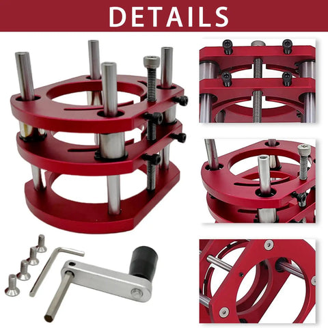 Rock Solid Aluminum Router Lift Precision Milling Table Insert with red body and stainless steel rods for 64 to 66MM routers.
