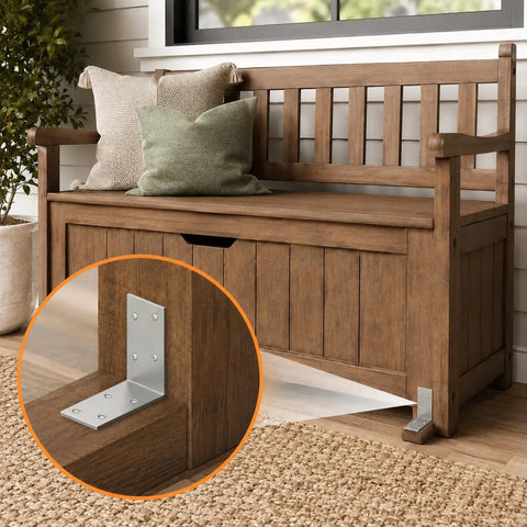 Heavy Duty 3X3 Inch L Brackets Galvanized Steel Corner Braces on wooden bench, providing support for solid construction.