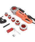 Job Ready Electric Pipe Threader Kit Featuring A Beefy 2300W Motor And Sleek Handheld Build Includes six die heads and parts for pipe threading.