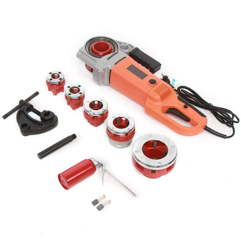 Job Ready Electric Pipe Threader Kit Featuring A Beefy 2300W Motor And Sleek Handheld Build Includes six die heads and parts for pipe threading.