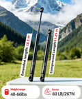 Heavy Duty 60 Lb Gas Strut Shocks 18.5 Inch Lift Support Rods shown in outdoor setting with specs labeled on rods.