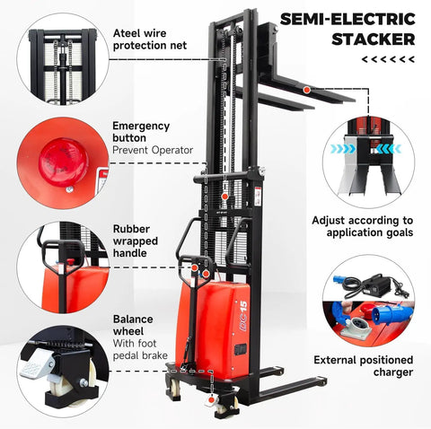 Heavy Duty 3300 Lbs Semi-Electric Pallet Stacker With 98 Inch Mast Lift Height Adjustable Forks For Warehouses detailed features including emergency button, rubber handle, and balance wheel.