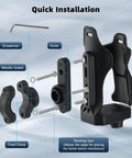 Exploded view of adjustable bike water bottle cage showing components: fixed clamp, screws, gasket, and rotating gear for 1.9-3.6 in bottles.