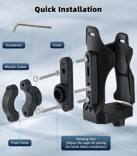 Exploded view of adjustable bike water bottle cage showing components: fixed clamp, screws, gasket, and rotating gear for 1.9-3.6 in bottles.