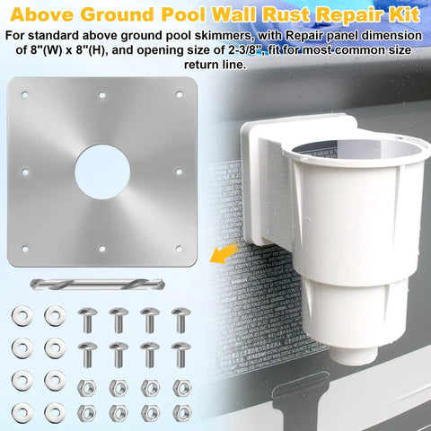 8x8 Inch Pool Water Return Repair Kit For Above Ground Pools, Wall Repair Panel Kit With Two And Three Eighths Inches Thru Hole, Drill Bit And Hardware Included