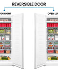 No Sweat Storage Upright Convertible Freezer Fridge With Seven Point Zero Cubic Feet Capacity in Clean White showing reversible doors.