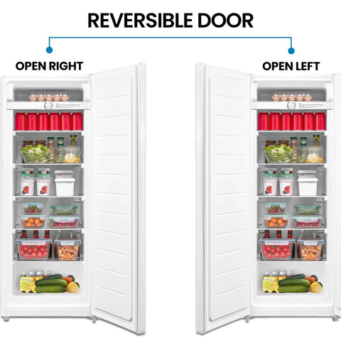 No Sweat Storage Upright Convertible Freezer Fridge With Seven Point Zero Cubic Feet Capacity in Clean White showing reversible doors.