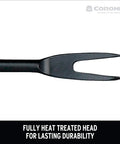 Close-up of extendable garden weeder's heat-treated steel head for durability