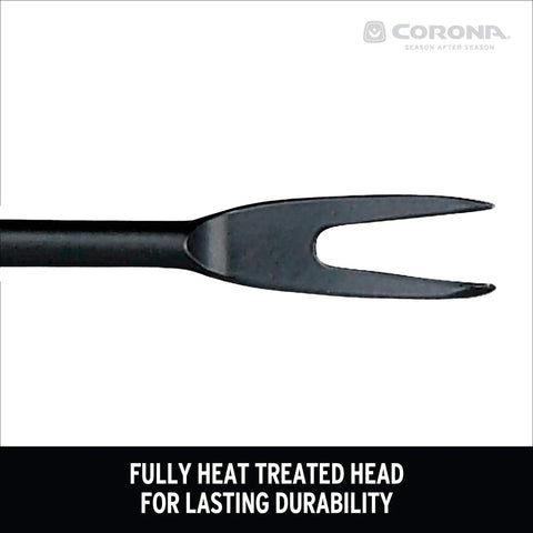 Close-up of extendable garden weeder's heat-treated steel head for durability