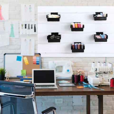 Six Piece Slatwall Bins With Hooks Set For Wall Mounted Organization in office, black bins with colorful items displayed.