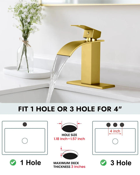 Gold Waterfall Bathroom Faucet With Pop-Up Drain, 304 Stainless Steel Sink Faucet for 1-Hole or 3-Hole Deck Mount, anti fingerprint