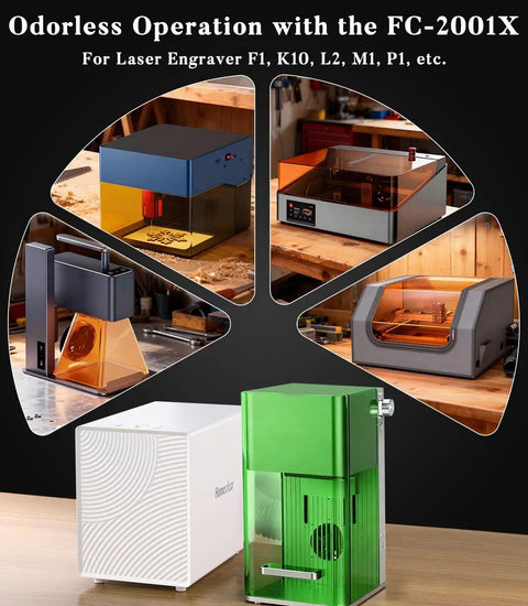 Front and side view of FC-2001X Laser Fume Extractor with Three Powerful Suctions, showcasing compatibility with laser engravers.