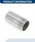 Side view of a silver stainless steel hose barb fitting with 1 inch BSPT male threads and grooved body