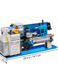 Badass Seven By Fourteen Inch Bench Top Metal Lathe With Zero To Two Thousand Five Hundred Variable Speed Revolutions Per Minute And Four Inch Three Jaw Chuck image from the side showing control panel and dimensions.