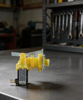 Water Inlet Solenoid Valve 220 240V Pro Grade Replacement for Industrial Ice Makers with ABS Yellow Enhanced Hose Connector on table