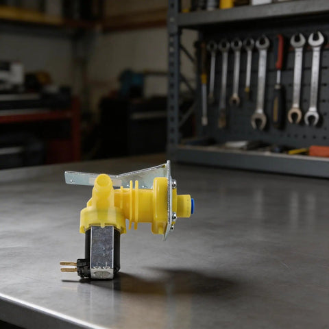 Water Inlet Solenoid Valve 220 240V Pro Grade Replacement for Industrial Ice Makers with ABS Yellow Enhanced Hose Connector on table