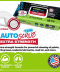 Packaging of AutoSCRUB Cleaning Wipes Heavy Duty 60 Count Cleaning Cloths 15 By 10 Inches for tackling various substances.
