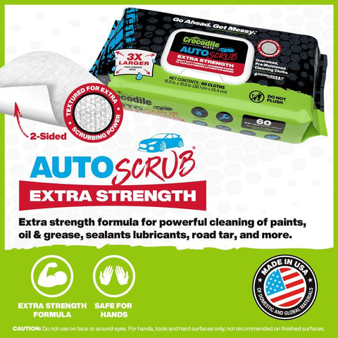 Packaging of AutoSCRUB Cleaning Wipes Heavy Duty 60 Count Cleaning Cloths 15 By 10 Inches for tackling various substances.