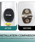 Comparison of door latch before and after installing Four Piece Soft Silicone Door Latch Covers Featuring Self Adhesive Anti Rust Guards And Whisper Quiet Shutdown For Easy Car Truck Suv Fixes And Street Cred In Matte Black.