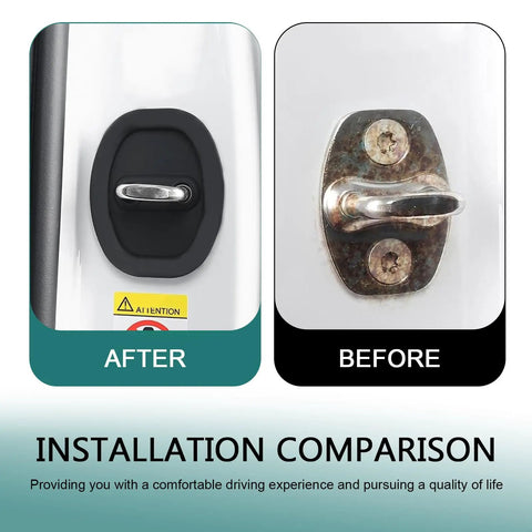 Comparison of door latch before and after installing Four Piece Soft Silicone Door Latch Covers Featuring Self Adhesive Anti Rust Guards And Whisper Quiet Shutdown For Easy Car Truck Suv Fixes And Street Cred In Matte Black.