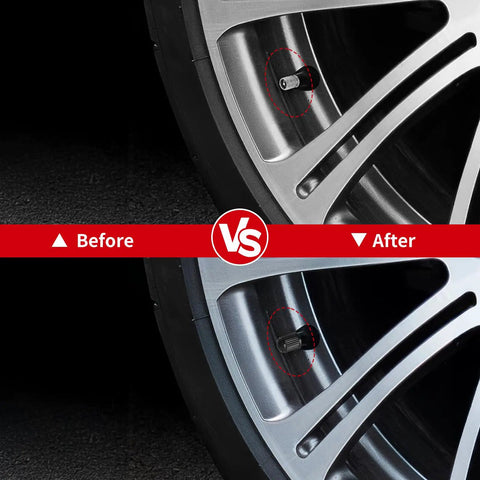 Comparison of wheel before and after using Premium Tire Valve Caps With O Ring For Cars, Bicycles, Motorcycles, SUVs And Trucks Black