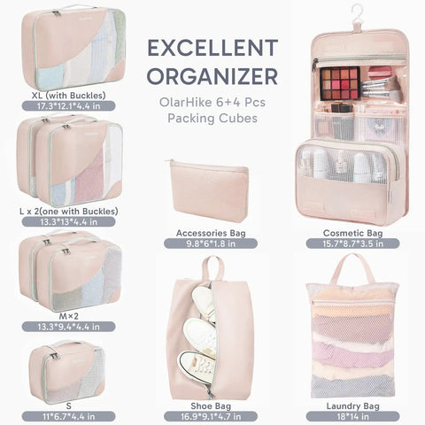 Image showcasing 10 Piece Packing Cube Set For Travel With Anti Tear Luggage Organizer Includes Shoe Bag And Hanging Toiletry Bag Perfect Gift For Women Moms Cruise Vacation Essential Lightweight And Space Saving Travel Organizer Kit, displayed with various bag sizes and organizer options.