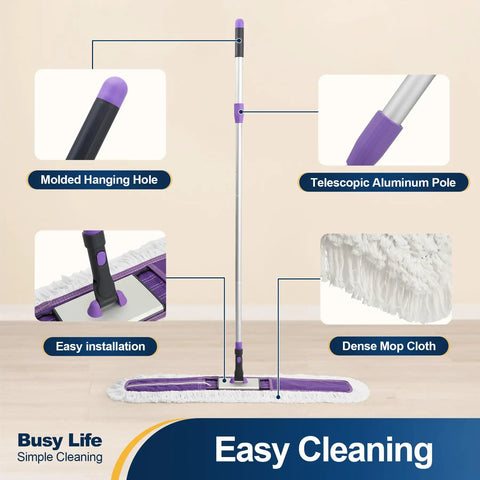 Heavy Duty Commercial Dust Mop With Quick Release Handle And Broad Sweeping Head features telescopic aluminum pole and dense mop cloth.