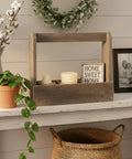 Real Reclaimed Barnwood Tote Carry All Planter Box For Indoor And Outdoor Farmhouse Decor Accent displayed on a white table